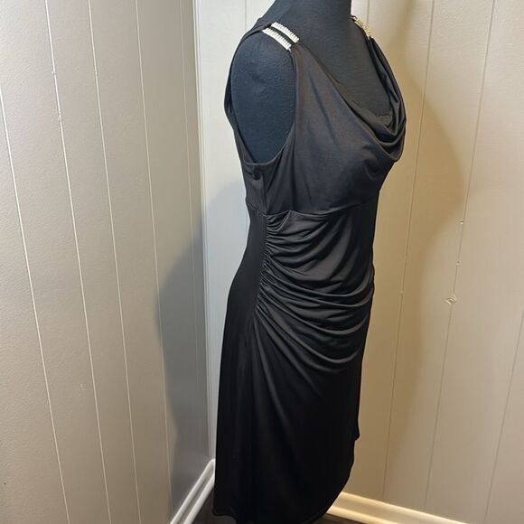 Calvin Klein black ruched draped neck sparkle rhinestone shoulder bar sheath. 8 - Picture 4 of 8